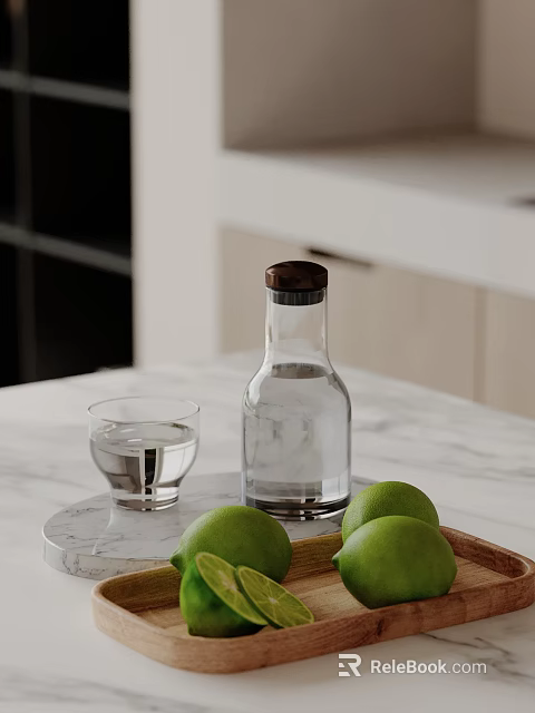 Decorative Ornament Set With Transparent Water Bottle Glass Cup And Limes On Marble Countertop 3d model 