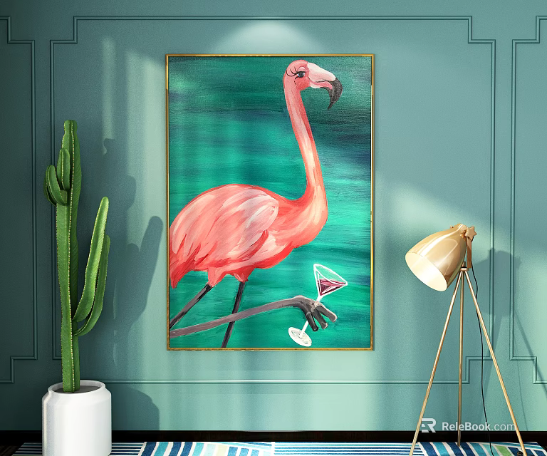Pink Flamingo Animal Painting with Wine Glass on Green Wall with Cactus and Floor Lamp 3d model 