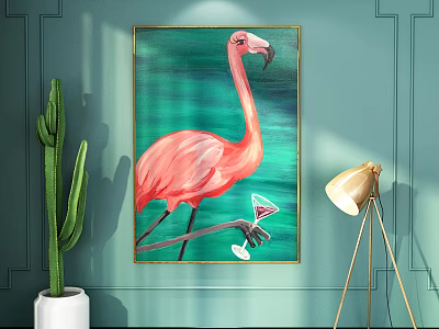 Pink Flamingo Animal Painting with Wine Glass on Green Wall with Cactus and Floor Lamp 3d model