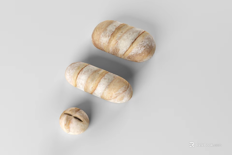 Fresh Homemade Bread in Different Shapes and Sizes with Striped Patterns on White Background 3d model 