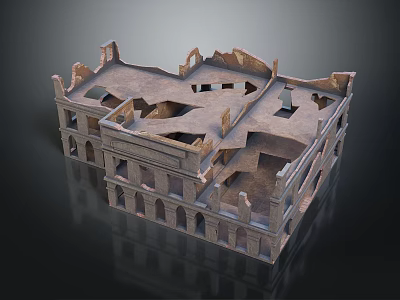 Cartoon Scene of Old Ruined Building with Multiple Floors Broken Walls and Arched Windows 3d model