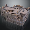 Cartoon Scene of Old Ruined Building with Multiple Floors Broken Walls and Arched Windows