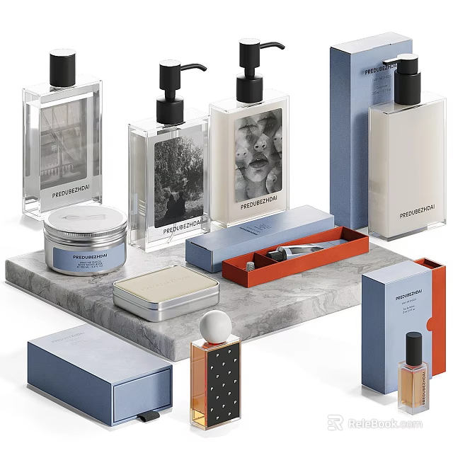 Modern Ornamental Decor Collection with Marble Slab Bottles Jars and Blue White Boxes 3d model 
