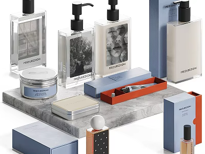 Modern Ornamental Decor Collection with Marble Slab Bottles Jars and Blue White Boxes 3d model