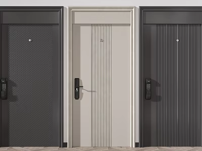 Three Modern Security Doors with Vertical Stripes in Dark Gray Cream and Electronic Locks 3d model