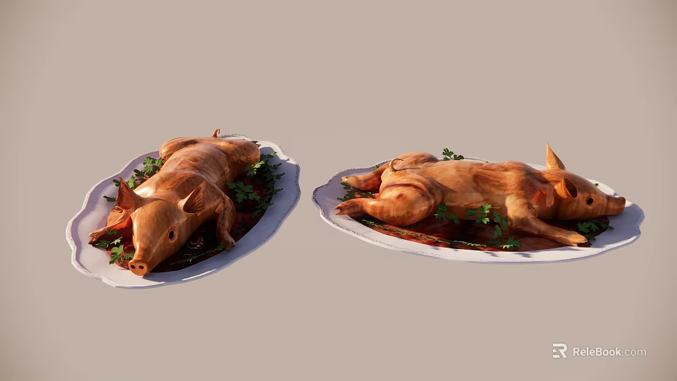 Delicious Roasted Suckling Pig Served on White Plates with Fresh Herb Garnish 3d model 