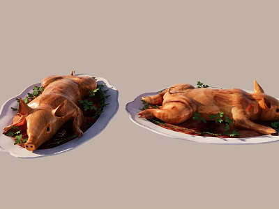 Delicious Roasted Suckling Pig Served on White Plates with Fresh Herb Garnish 3d model