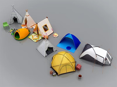 Assorted Camping Tents In Various Colors And Styles With Camping Accessories 3d model