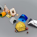 Assorted Camping Tents In Various Colors And Styles With Camping Accessories