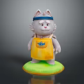 Animated Gray Cat Character Wearing Blue Headband Yellow Apron With Blue Logo On Green Base
