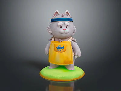 Animated Gray Cat Character Wearing Blue Headband Yellow Apron With Blue Logo On Green Base 3d model