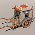 Ancient Wooden Carriage With Canvas Canopy And Decorative Red Accents