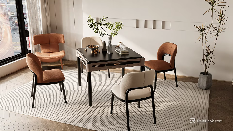 Modern Style Entertainment Table with Brown Beige Chairs Vase Plants and Decor Items 3d model 