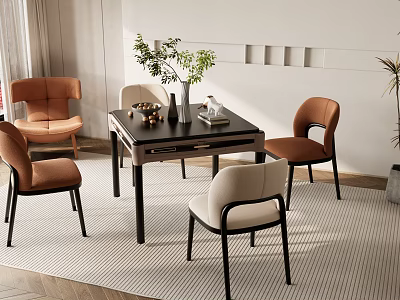 Modern Style Entertainment Table with Brown Beige Chairs Vase Plants and Decor Items 3d model