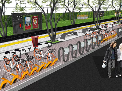 Row of Bicycles Parked at Urban Station With Trees Billboards and Pedestrians 3d model