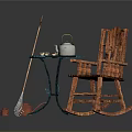Wooden Rocking Chair And Blue Round Table With Teapot Cups Broom And Small Stool
