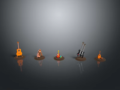 Colorful Musical Instrument Equipment Models Including Guitars Stands And Drums 3d model