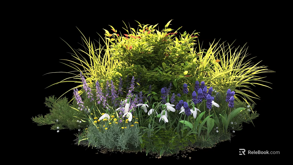 Vibrant Garden Shrub Surrounded by Colorful Flowers Ornamental Grasses and Lush Greenery 3d model 