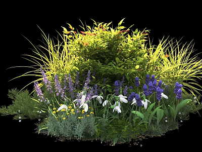 Vibrant Garden Shrub Surrounded by Colorful Flowers Ornamental Grasses and Lush Greenery 3d model