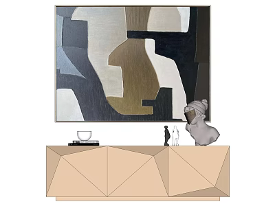 Interior Scene With Abstract Painting Above Geometric Cabinet And Decorative Items 3d model