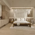 Serene Natural Style Hotel Room With Canopy Bed Wooden Furniture And Mountain View Window