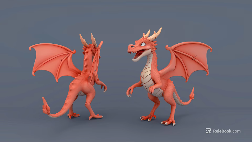 Red Cartoon Dragon Figurines with Front and Back Views Wings Horns and Claws 3d model 