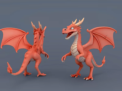 Red Cartoon Dragon Figurines with Front and Back Views Wings Horns and Claws 3d model