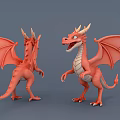 Red Cartoon Dragon Figurines with Front and Back Views Wings Horns and Claws