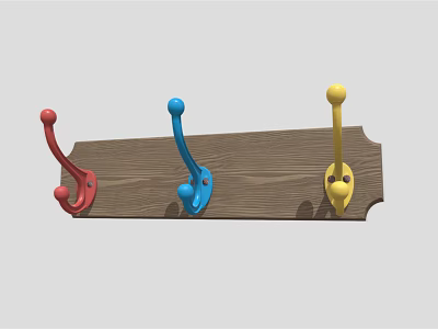 Three Colorful Wall Hooks Mounted On Wooden Board With Red Blue Yellow Design 3d model
