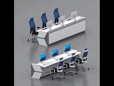 Modern Office Desk Workstation With Blue Chairs And Multiple Computer Monitors 3d model