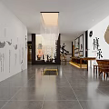Elegant Cultural Center Interior With Wooden Bookshelves Display Cabinets And Traditional Artworks