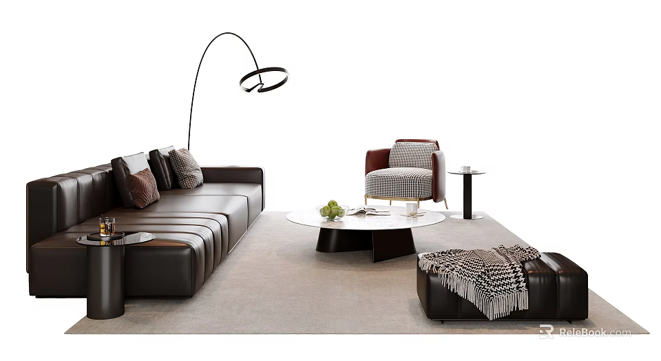 Modern Leather Sofa and Coffee Table Set with Pillows Floor Lamp Armchair and Rug 3d model 