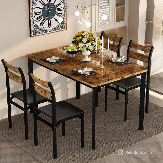 Cozy Restaurant Dining Area With Wooden Table Black Chairs Tableware And Flower Bouquet 3d model 