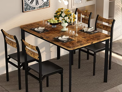 Cozy Restaurant Dining Area With Wooden Table Black Chairs Tableware And Flower Bouquet 3d model