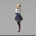 3D Model Anime Female Character With Blonde Hair Blue White Top Purple Skirt Pink Boots