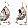 Modern Egg Shaped Hanging Chair With Golden Frame Green Cushion Brown Backrest
