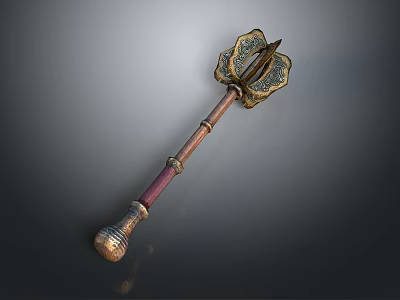 Antique Decorative Weapon With Long Wooden Handle And Ornate Carved Metal Head Design 3d model