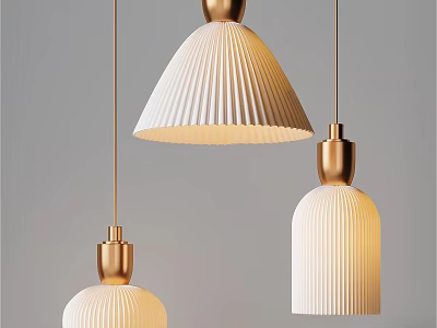 Modern Pendant Lights With White Pleated Shades And Gold Finishes Hanging 3d model