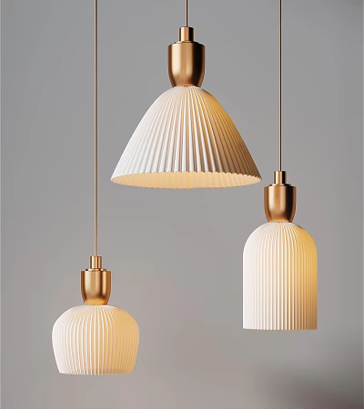 Modern Pendant Lights With White Pleated Shades And Gold Finishes Hanging 3d model