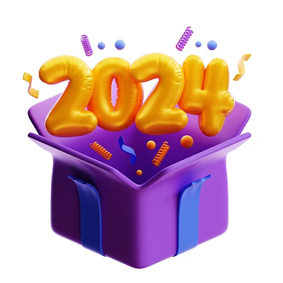 2024 Themed Decorative Ornament Set with Yellow Balloons Purple Gift Box and Colorful Confetti Streamers Dots 3d model