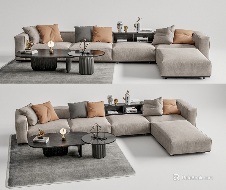 Modern Sectional Sofa With Light Gray Upholstery Orange Gray Pillows Coffee Tables And Gray Rug 3d model 