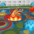 Colorful Playground With Red Slide Umbrella Structures And Circular Patterns Near High-Rise Buildings