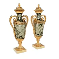 Pair of Classic Vases with Gold Accents Speckled Bodies and Ornate Handles on Pedestal Bases