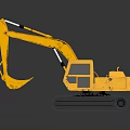 Yellow Construction Excavator With Tracks Mechanical Arm And Bucket On Gray Surface