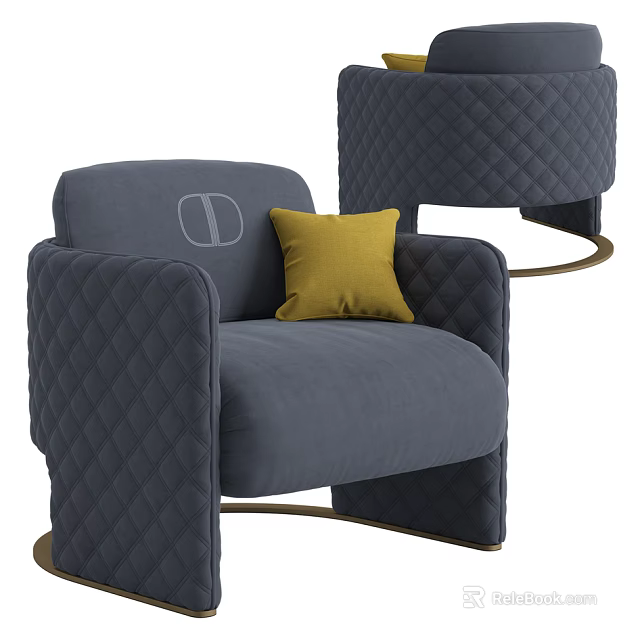 Modern Elegant Gray Single Seater Sofa With Quilted Armrests Yellow Pillow And Gold Metal Legs 3d model 