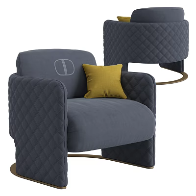 Modern Elegant Gray Single Seater Sofa With Quilted Armrests Yellow Pillow And Gold Metal Legs 3d model