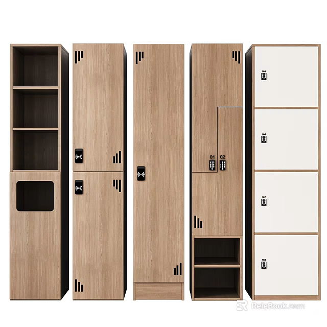 Wooden Storage Lockers With Different Designs Including Doors Drawers And Open Shelves 3d model 