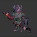 Fierce Game And Movie Character With Horned Helmet Glowing Weapon Hands And Blue Red Armor