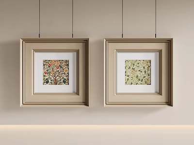 Two Framed Landscape Paintings Hanging on Light Colored Wall with Beige Frames 3d model