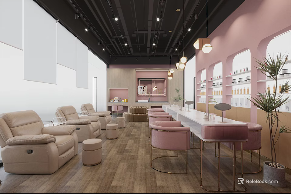 Stylish Beauty Hair Salon Interior with Pink Stools White Counter Beige Recliners and Wooden Flooring 3d model 